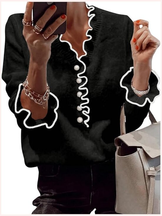 Sweaters - Long Sleeve Ruffle V-Neck Pullover Sweater with Button Front